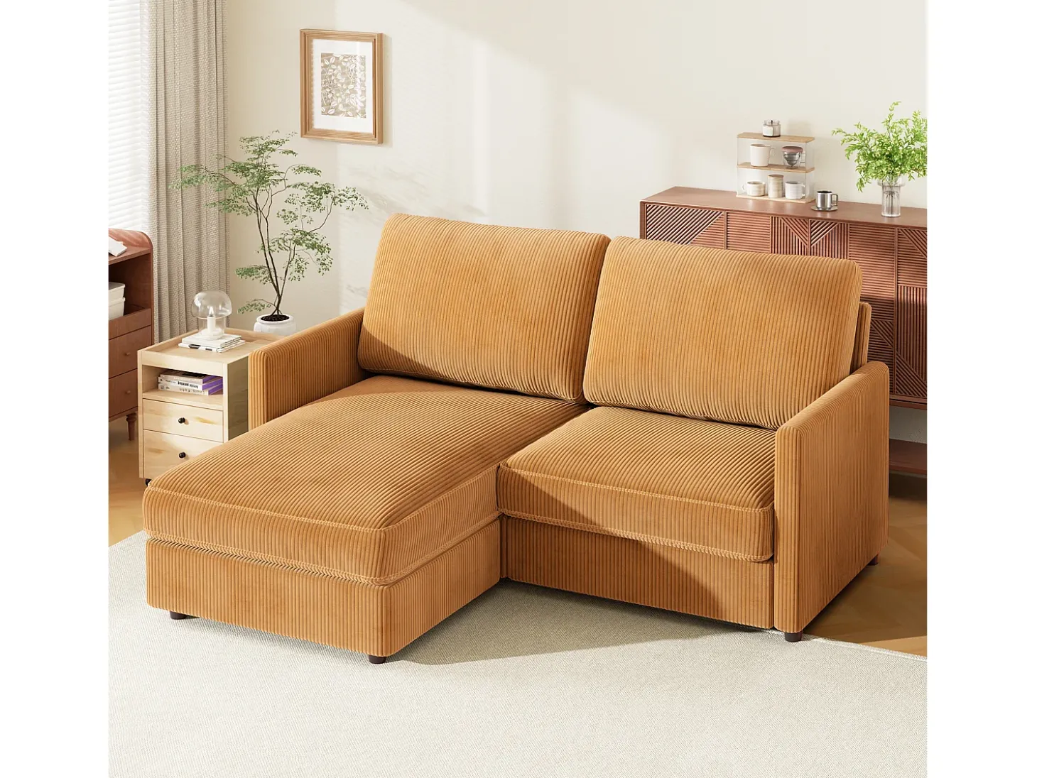 Sofá de canto de 2 -Sater - ângulo reversível para a direita / esquerda - 180x140x86cm - em tecido de veludo com nervuras - Max 300kg Load - Mostarda Amarelo