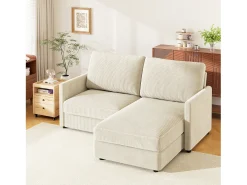 Sofá de canto de 2 -Sater - ângulo reversível da direita / esquerda - 180x140x86cm - em tecido de veludo com nervuras - Max 300kg Load - bege