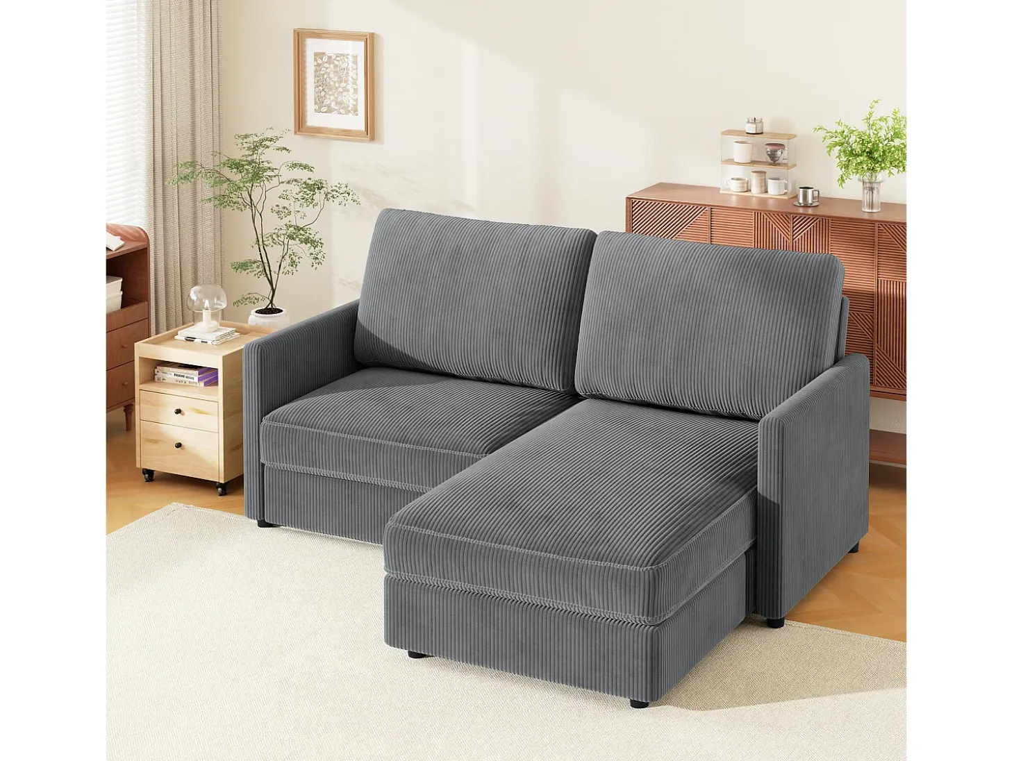 Sofá de canto de 2 -Sater - ângulo reversível da direita / esquerda - 180x140x86cm - em tecido de veludo com nervuras - Max 300kg Load - Antracite cinza