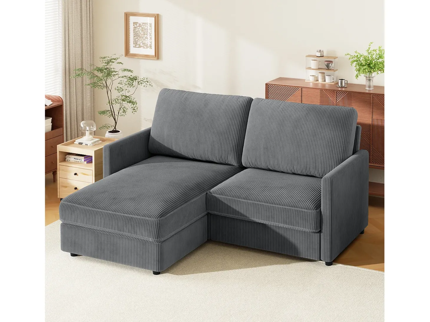 Sofá de canto de 2 -Sater - ângulo reversível da direita / esquerda - 180x140x86cm - em tecido de veludo com nervuras - Max 300kg Load - Antracite cinza