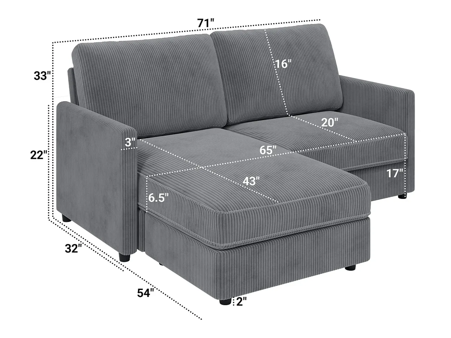 Sofá de canto de 2 -Sater - ângulo reversível da direita / esquerda - 180x140x86cm - em tecido de veludo com nervuras - Max 300kg Load - Antracite cinza