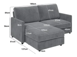 Sofá de canto de 2 -Sater - ângulo reversível da direita / esquerda - 180x140x86cm - em tecido de veludo com nervuras - Max 300kg Load - Antracite cinza