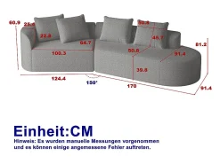 Sofá de Canto Direito Moderno Superdimensionado 4 Lugares, com 4 Almofadas, Chaise Longue Curva, Tecido Chenille, Cinza Antracito