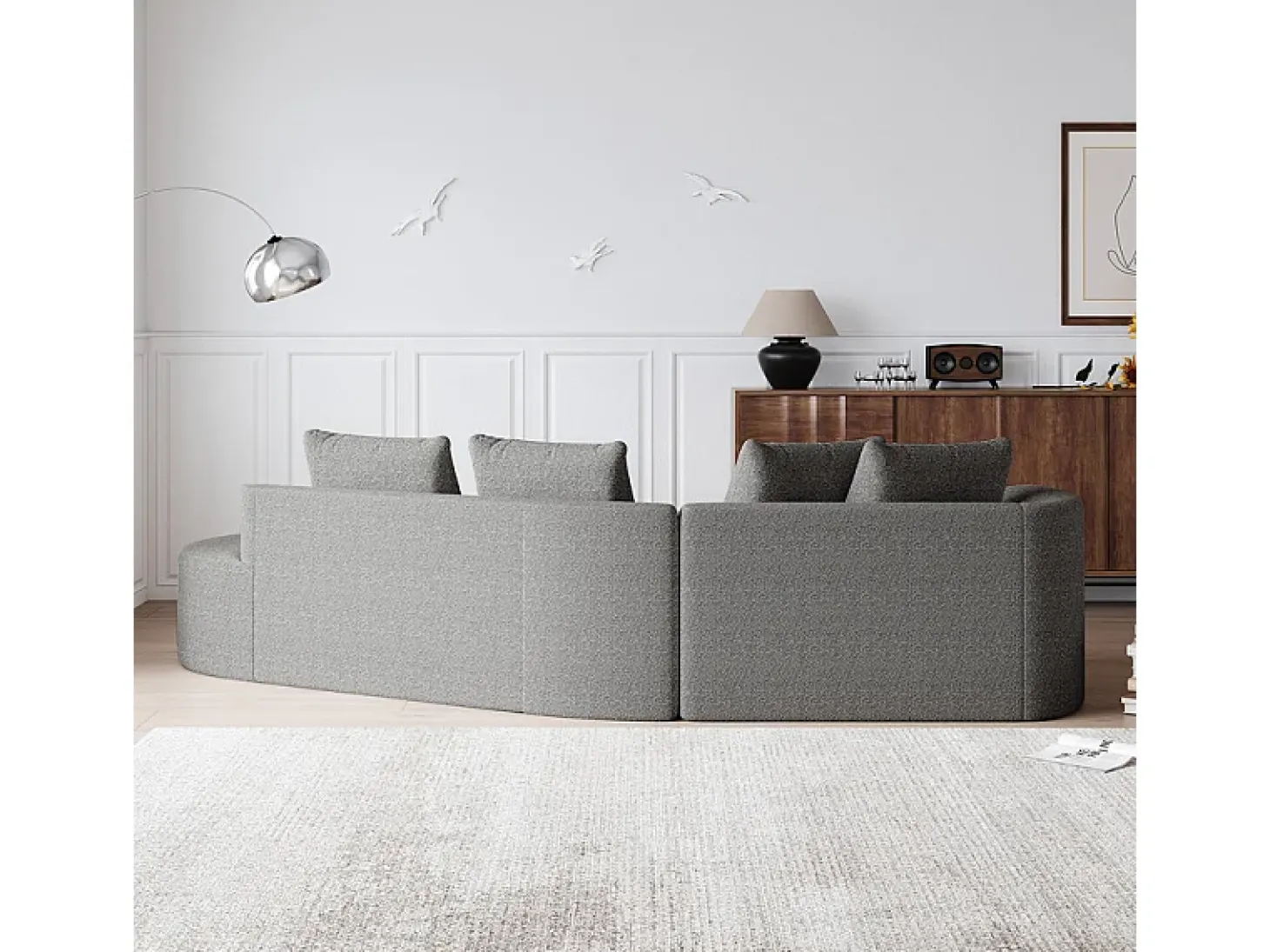 Sofá de Canto Direito Moderno Superdimensionado 4 Lugares, com 4 Almofadas, Chaise Longue Curva, Tecido Chenille, Cinza Claro
