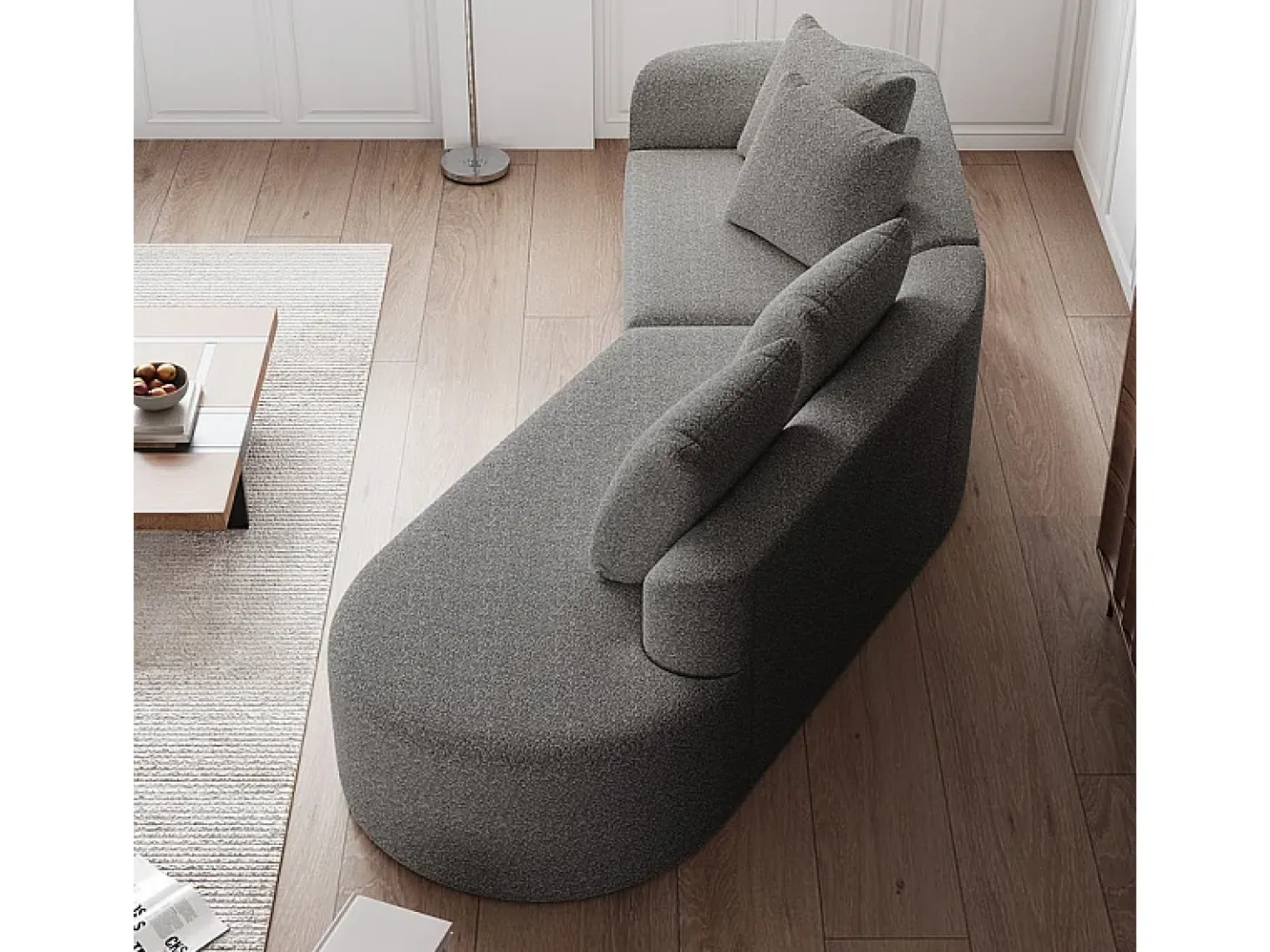 Sofá de Canto Direito Moderno Superdimensionado 4 Lugares, com 4 Almofadas, Chaise Longue Curva, Tecido Chenille, Cinza Claro