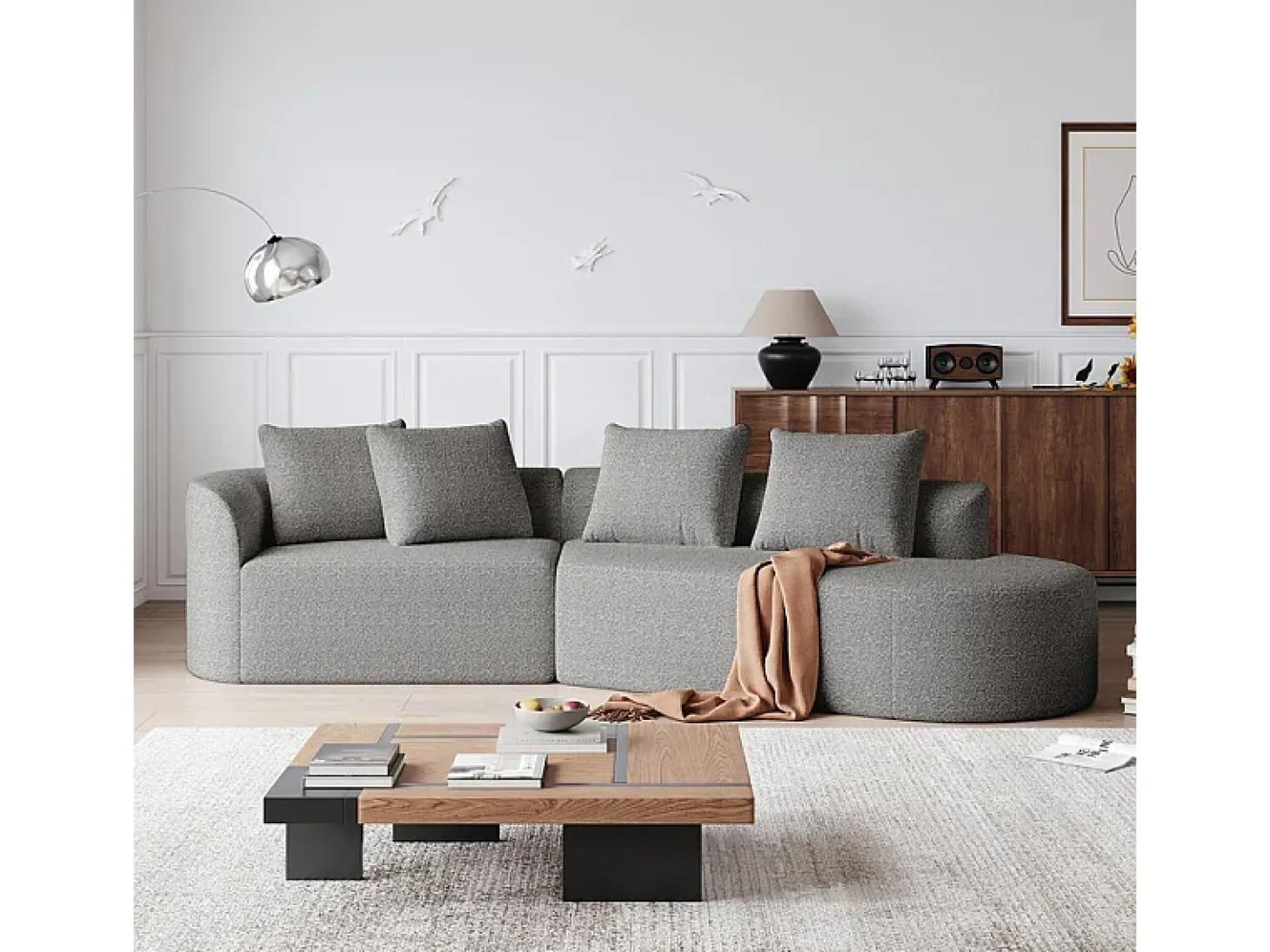 Sofá de Canto Direito Moderno Superdimensionado 4 Lugares, com 4 Almofadas, Chaise Longue Curva, Tecido Chenille, Cinza Claro