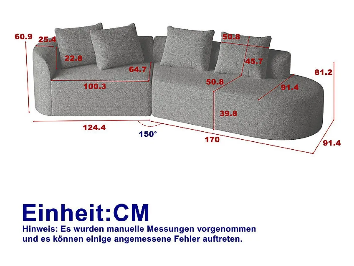 Sofá de Canto Direito Moderno Superdimensionado 4 Lugares, com 4 Almofadas, Chaise Longue Curva, Tecido Chenille, Cinza Claro