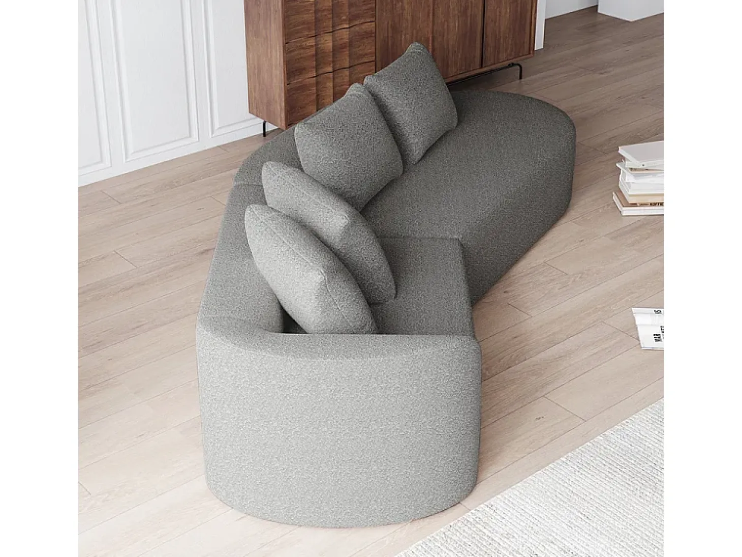 Sofá de Canto Direito Moderno Superdimensionado 4 Lugares, com 4 Almofadas, Chaise Longue Curva, Tecido Chenille, Cinza Claro