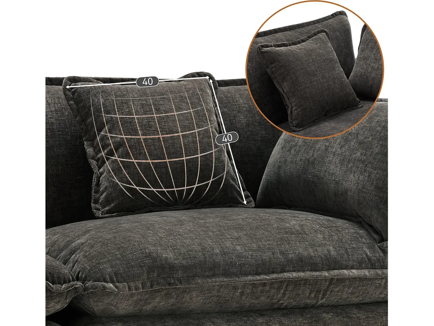 Sofá de canto em chenille de 3 lugares - com apoio para os pés modular - Cinza