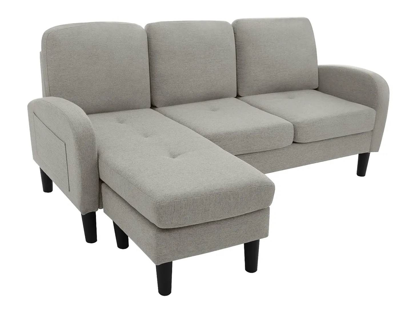 Sofá de canto em forma de L, 185 x 118 x 82 cm, tecido de algodão respirável, pés de plástico, design modular,cinzento