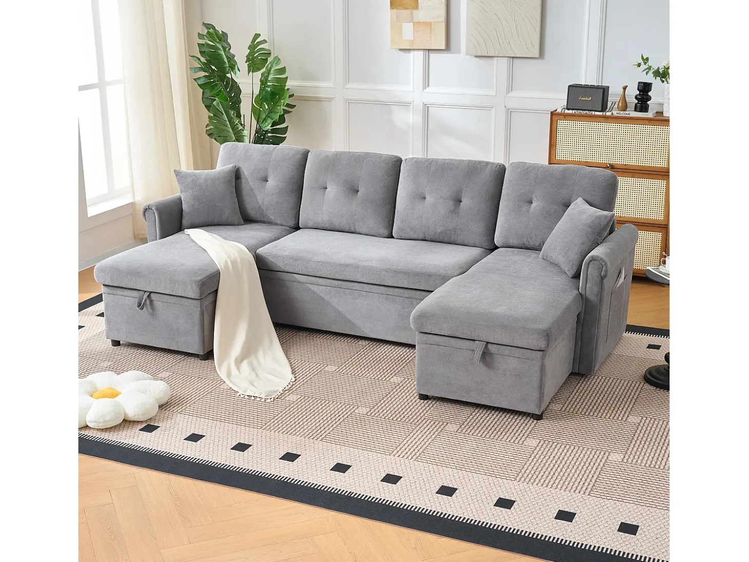 Sofá de canto em forma de U com 3 lugares e espaço para arrumação - Sofá-cama em tecido chenille - Cinza
