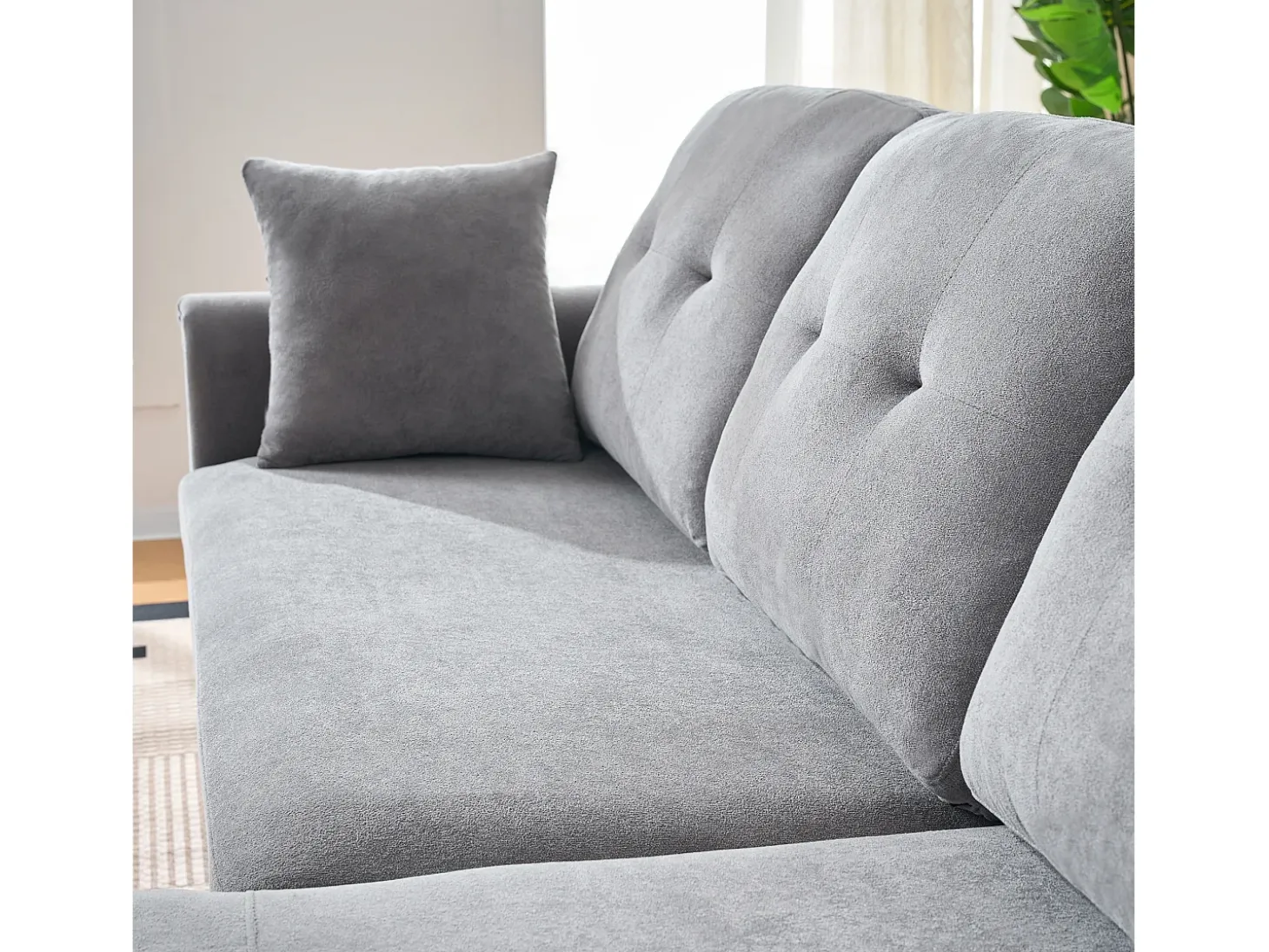 Sofá de canto em forma de U com 3 lugares e espaço para arrumação - Sofá-cama em tecido chenille - Cinza
