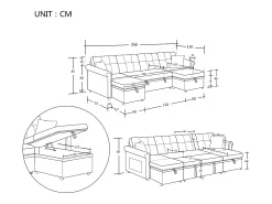 Sofá de canto em forma de U com 3 lugares e espaço para arrumação - Sofá-cama em tecido chenille - Cinza