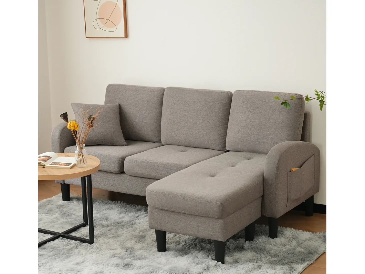 Sofá de canto em forma de L, 185 x 118 x 82 cm, tecido de algodão respirável, pés de plástico, design modular, cinzento