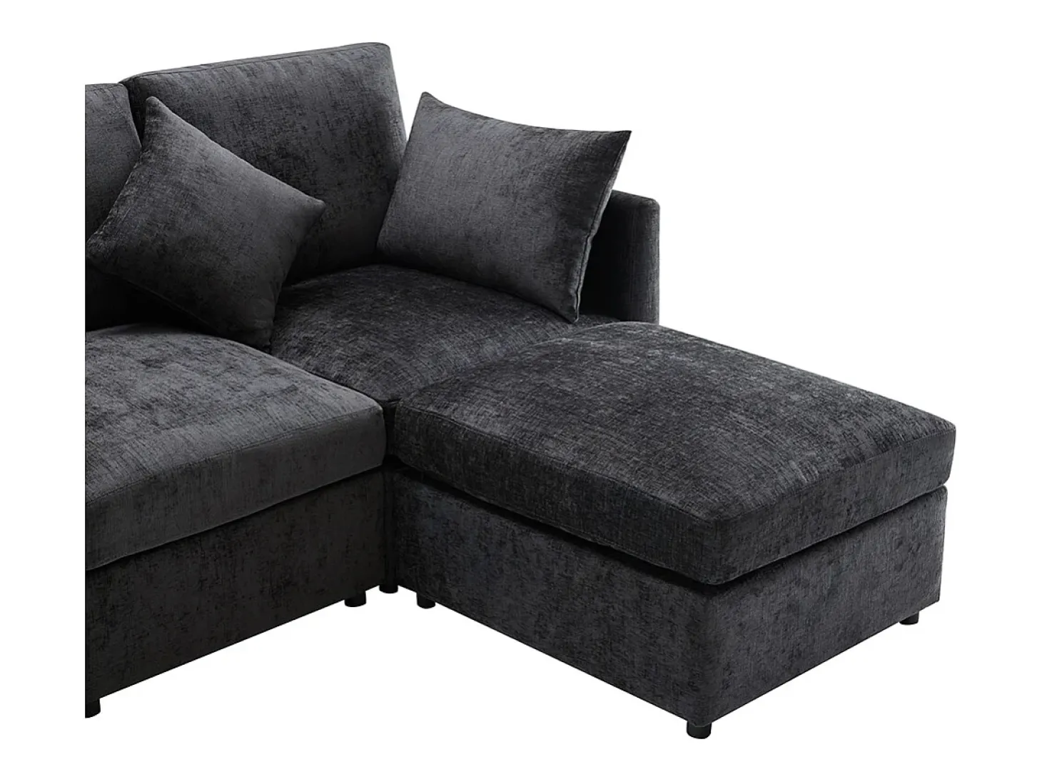 Sofá de canto em forma de L, design moderno, sofá em tecido chenille, sofá de três lugares, escabelo, cinzento