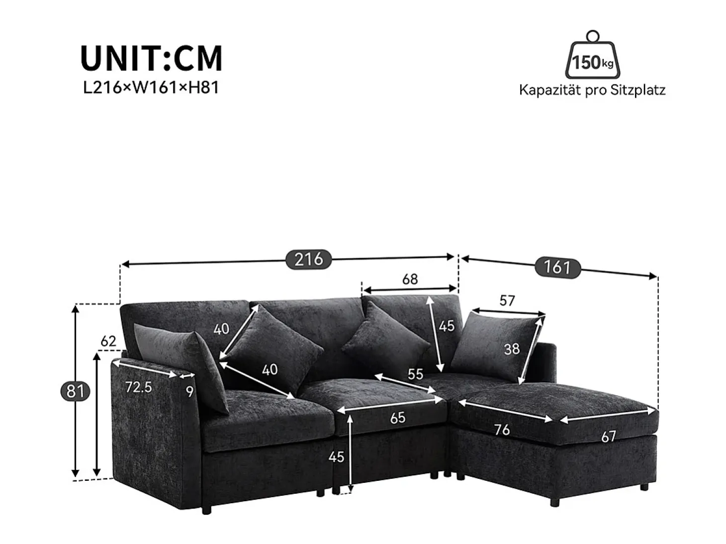 Sofá de canto em forma de L, design moderno, sofá em tecido chenille, sofá de três lugares, escabelo, cinzento
