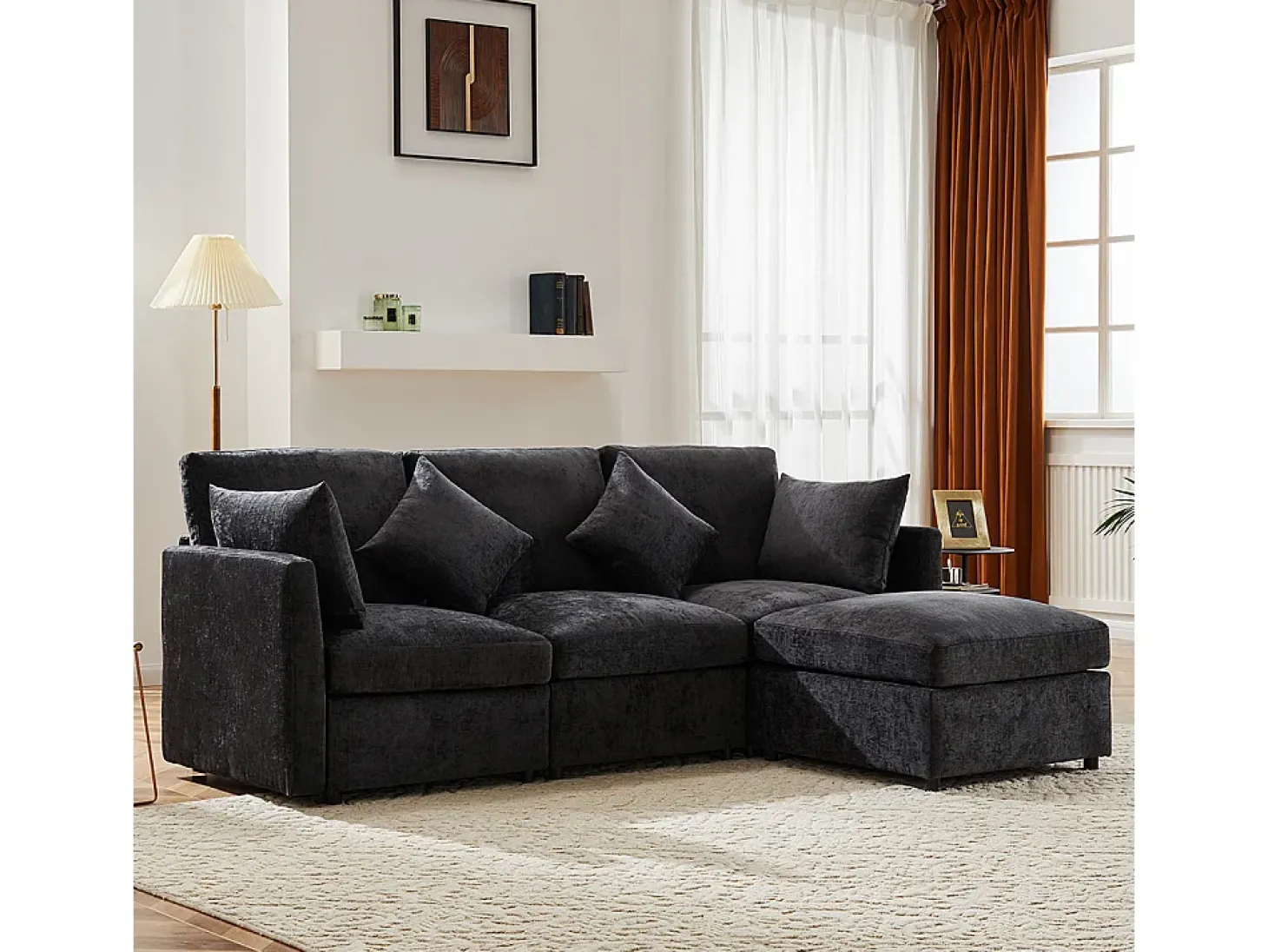 Sofá de canto em forma de L, design moderno, sofá em tecido chenille, sofá de três lugares, escabelo, cinzento