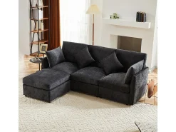 Sofá de canto em forma de L, design moderno, sofá em tecido chenille, sofá de três lugares, escabelo, cinzento