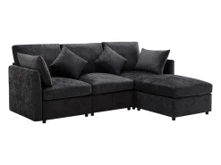 Sofá de canto em forma de L, design moderno, sofá em tecido chenille, sofá de três lugares, escabelo, cinzento