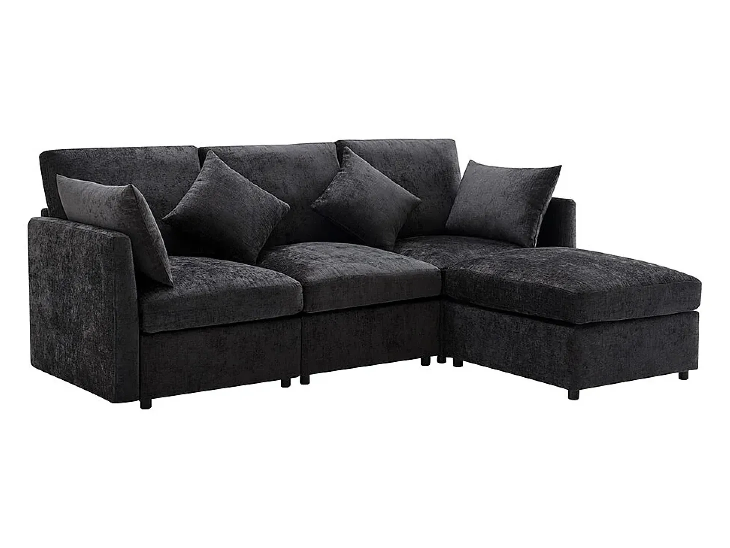 Sofá de canto em forma de L, design moderno, sofá em tecido chenille, sofá de três lugares, escabelo, cinzento