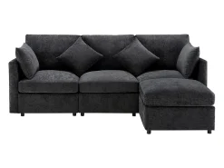 Sofá de canto em forma de L, design moderno, sofá em tecido chenille, sofá de três lugares, escabelo, cinzento
