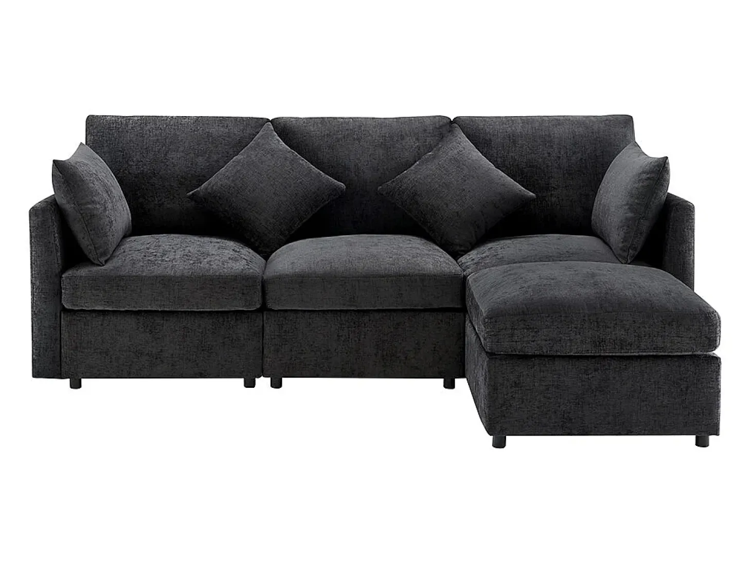 Sofá de canto em forma de L, design moderno, sofá em tecido chenille, sofá de três lugares, escabelo, cinzento