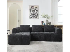 Sofá de canto em forma de L com 3 lugares, 3 almofadas e bolso lateral - Chenille Preto