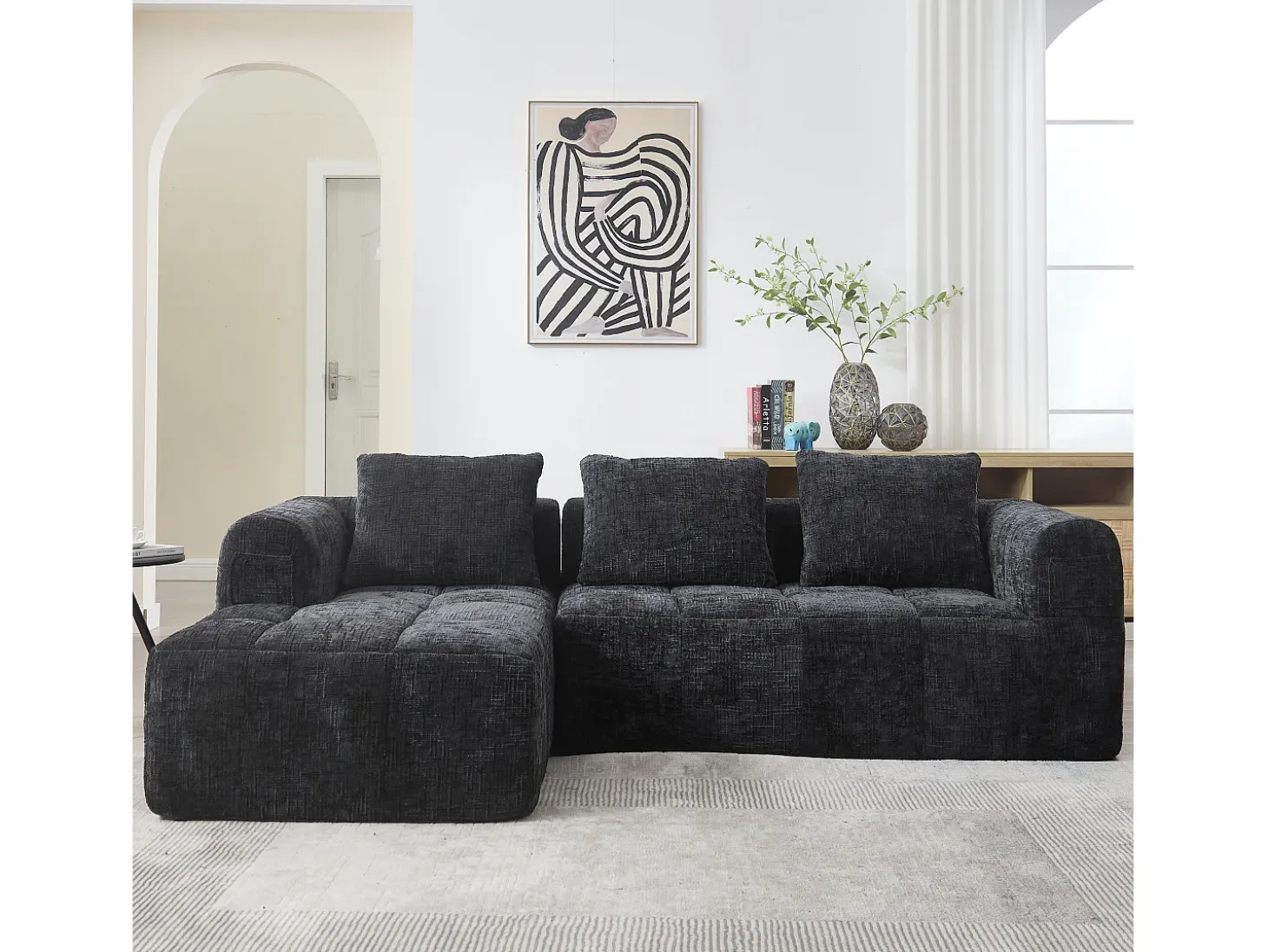 Sofá de canto em forma de L com 3 lugares, 3 almofadas e bolso lateral - Chenille Preto