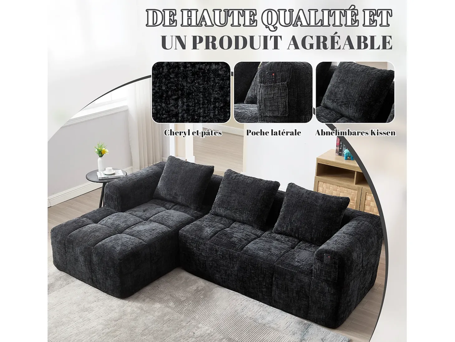 Sofá de canto em forma de L com 3 lugares, 3 almofadas e bolso lateral - Chenille Preto
