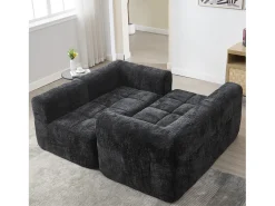 Sofá de canto em forma de L com 3 lugares, 3 almofadas e bolso lateral - Chenille Preto