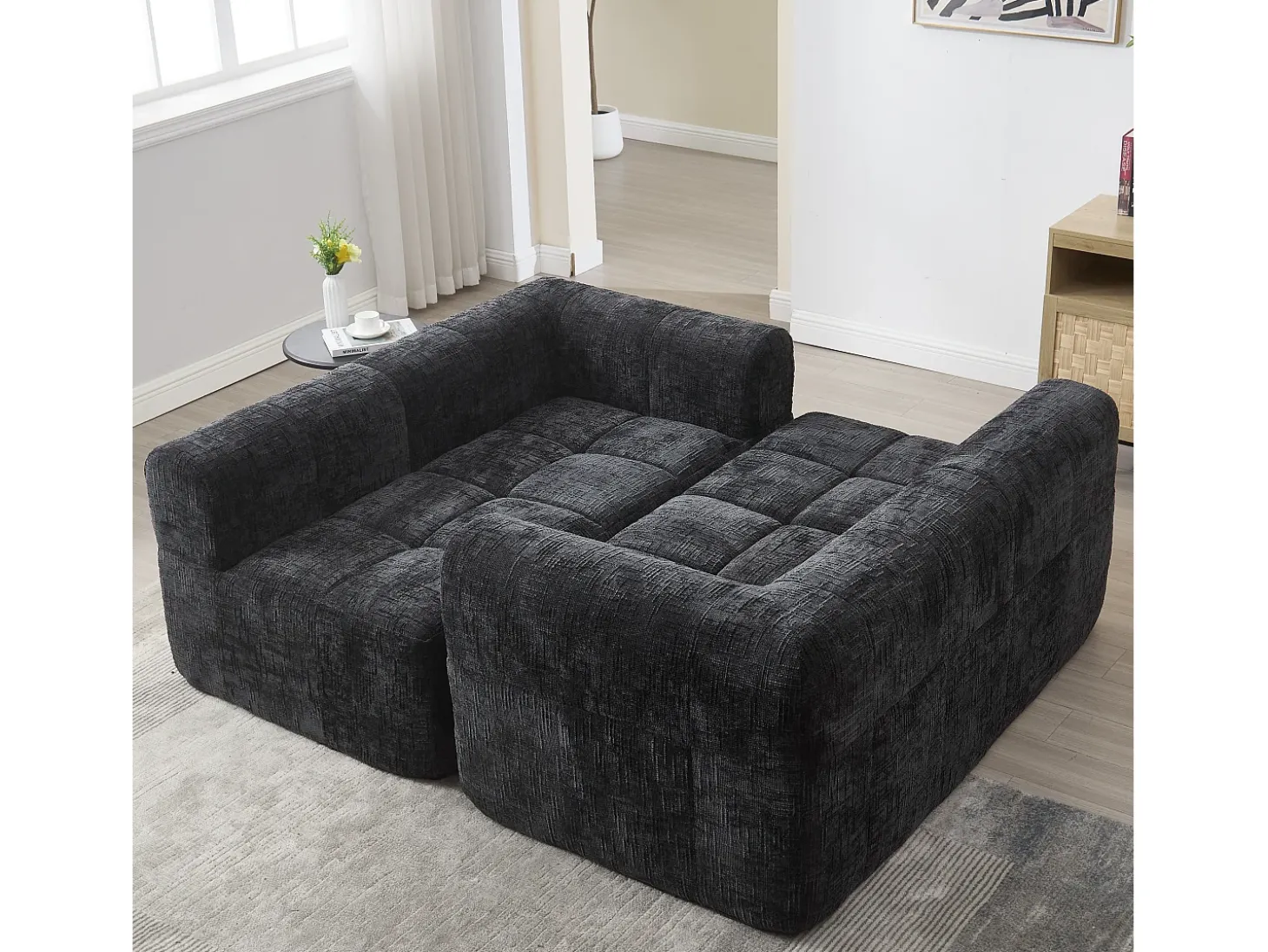 Sofá de canto em forma de L com 3 lugares, 3 almofadas e bolso lateral - Chenille Preto