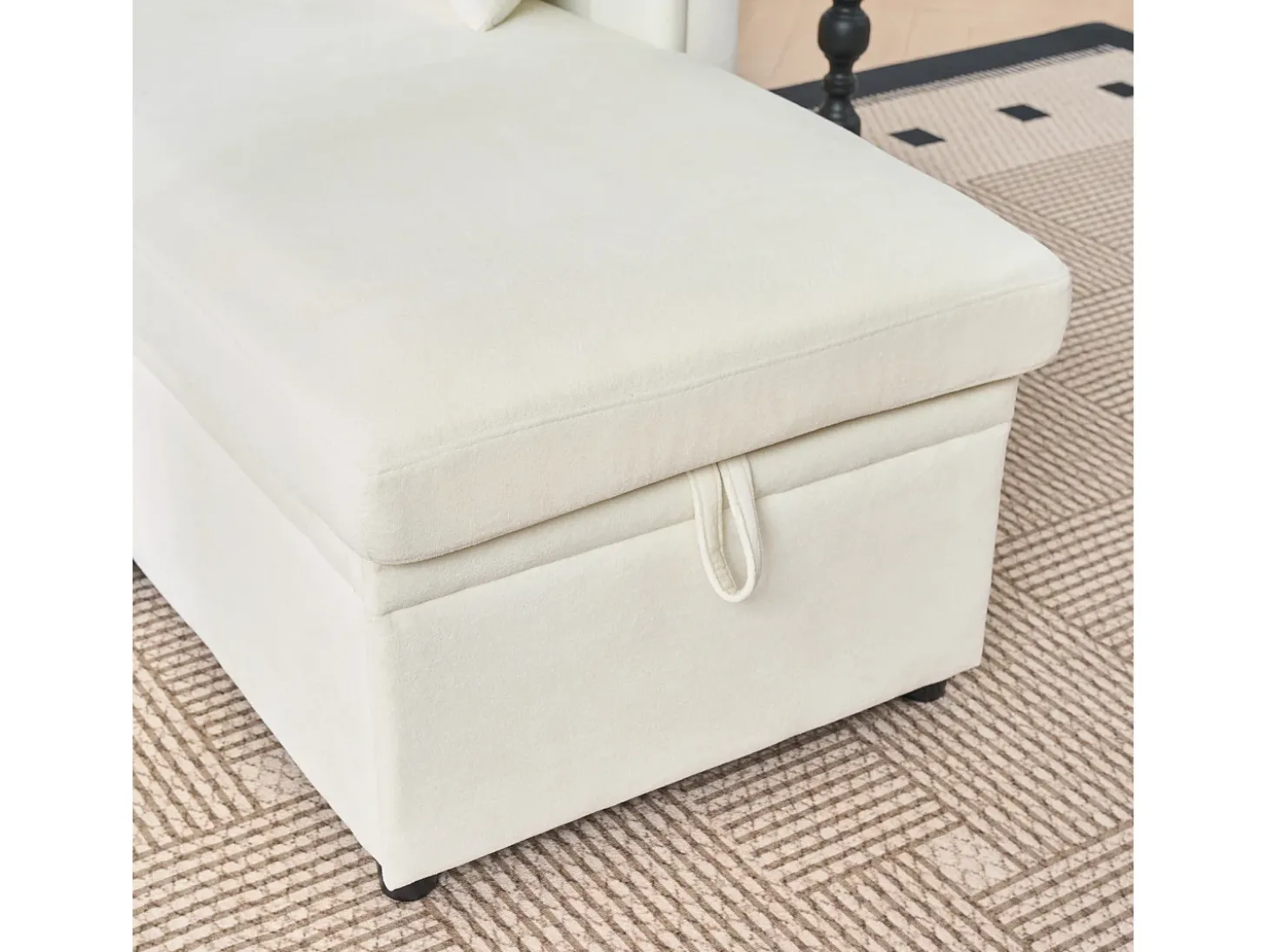 Sofá de canto em forma de U com 3 lugares e espaço para arrumação - Sofá-cama em tecido chenille - Bege