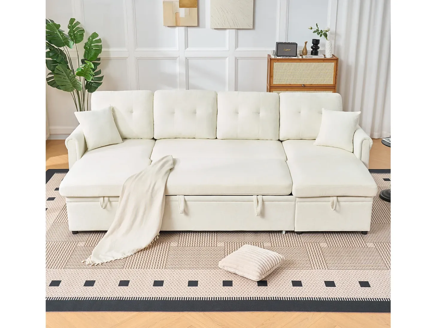 Sofá de canto em forma de U com 3 lugares e espaço para arrumação - Sofá-cama em tecido chenille - Bege