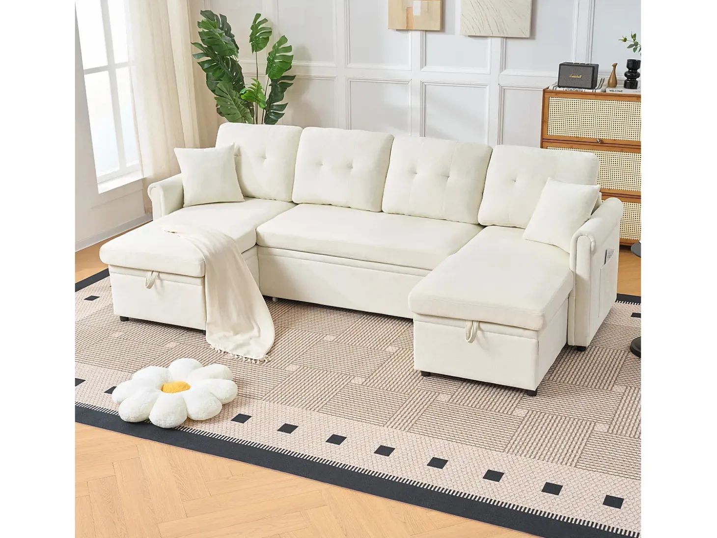 Sofá de canto em forma de U com 3 lugares e espaço para arrumação - Sofá-cama em tecido chenille - Bege