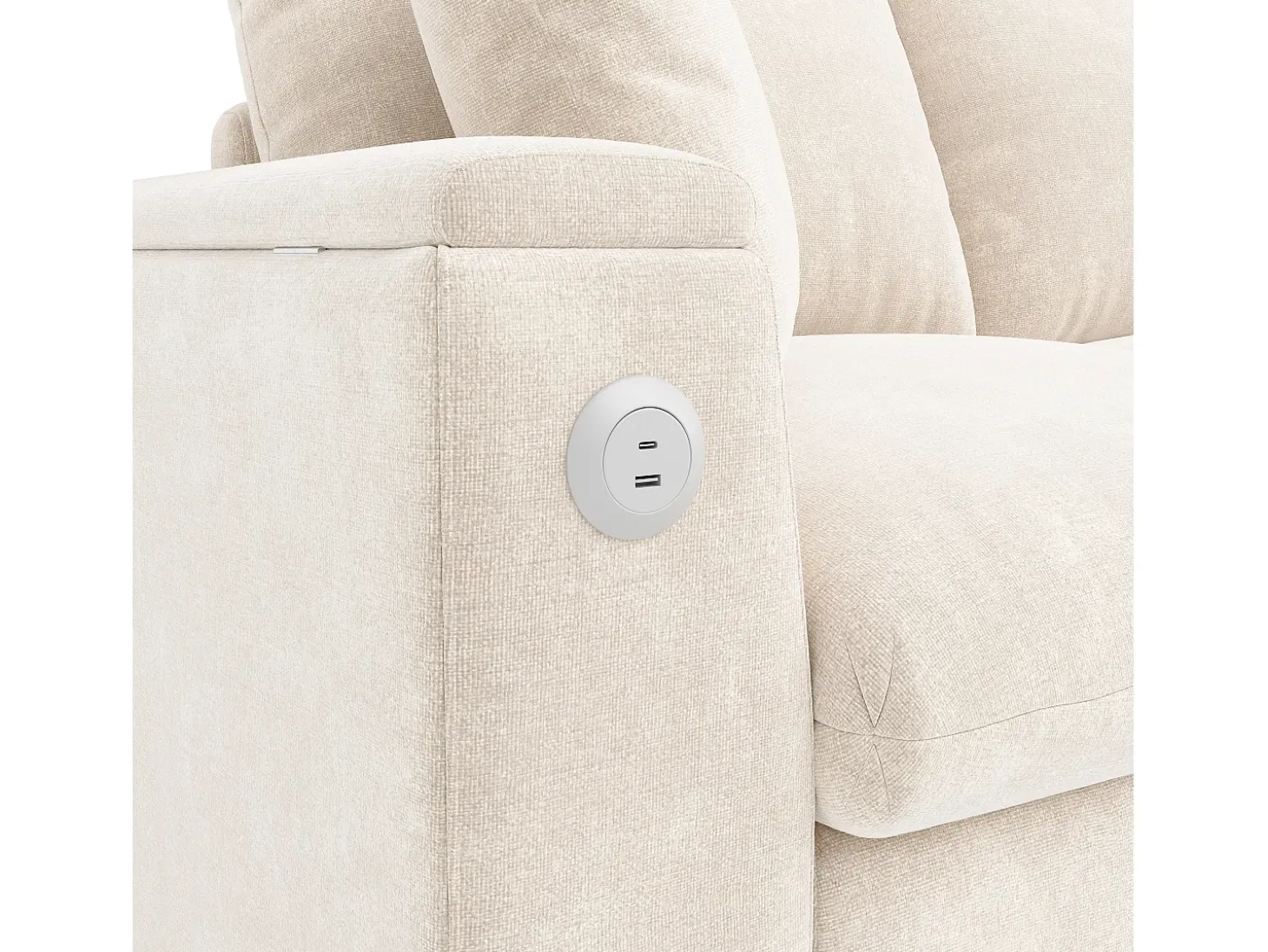 Sofá de canto em formato L com 4 lugares, com entradas USB e Type-C e espaço para arrumação - Tecido chenille bege