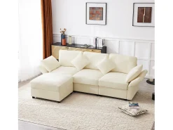 Sofá de canto em L - 3 lugares - com descanso para os pés - 4 almofadas - braços ajustáveis - Bege