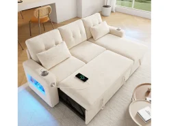 Sofá de canto em L - con espacio de armazenamento - portas USB/Type-C - porta-copos - iluminação LED - bege