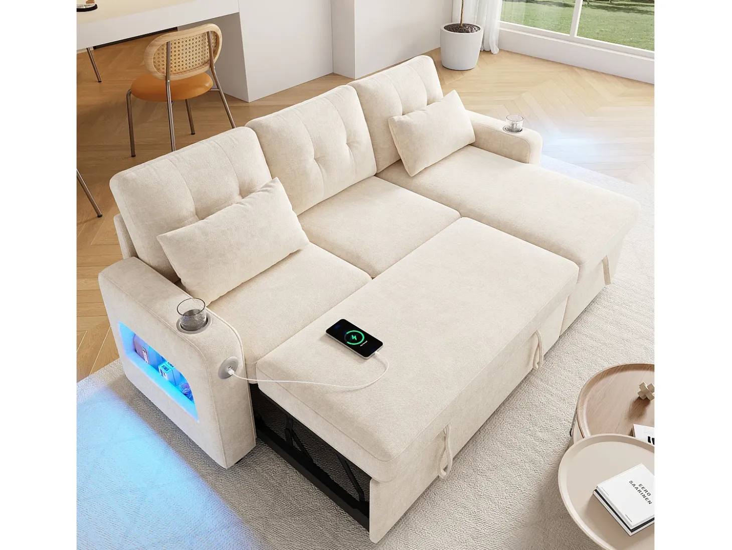 Sofá de canto em L - con espacio de armazenamento - portas USB/Type-C - porta-copos - iluminação LED - bege
