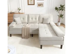 Sofá de canto em L 3 lugares - con 2 almofadas - Pouf removível - Tecido chenille - Bege
