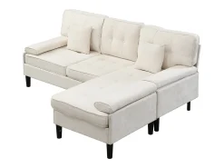 Sofá de canto em L 3 lugares - con 2 almofadas - Pouf removível - Tecido chenille - Bege