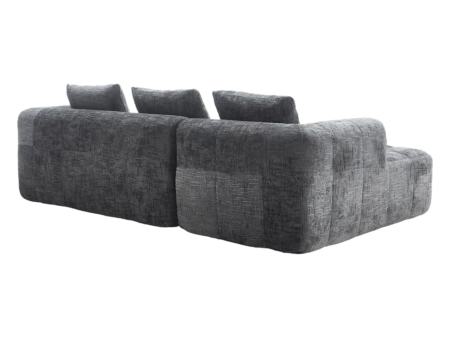 Sofá de canto em L de 3 lugares com 3 almofadas e bolso lateral - Chenille cinzento