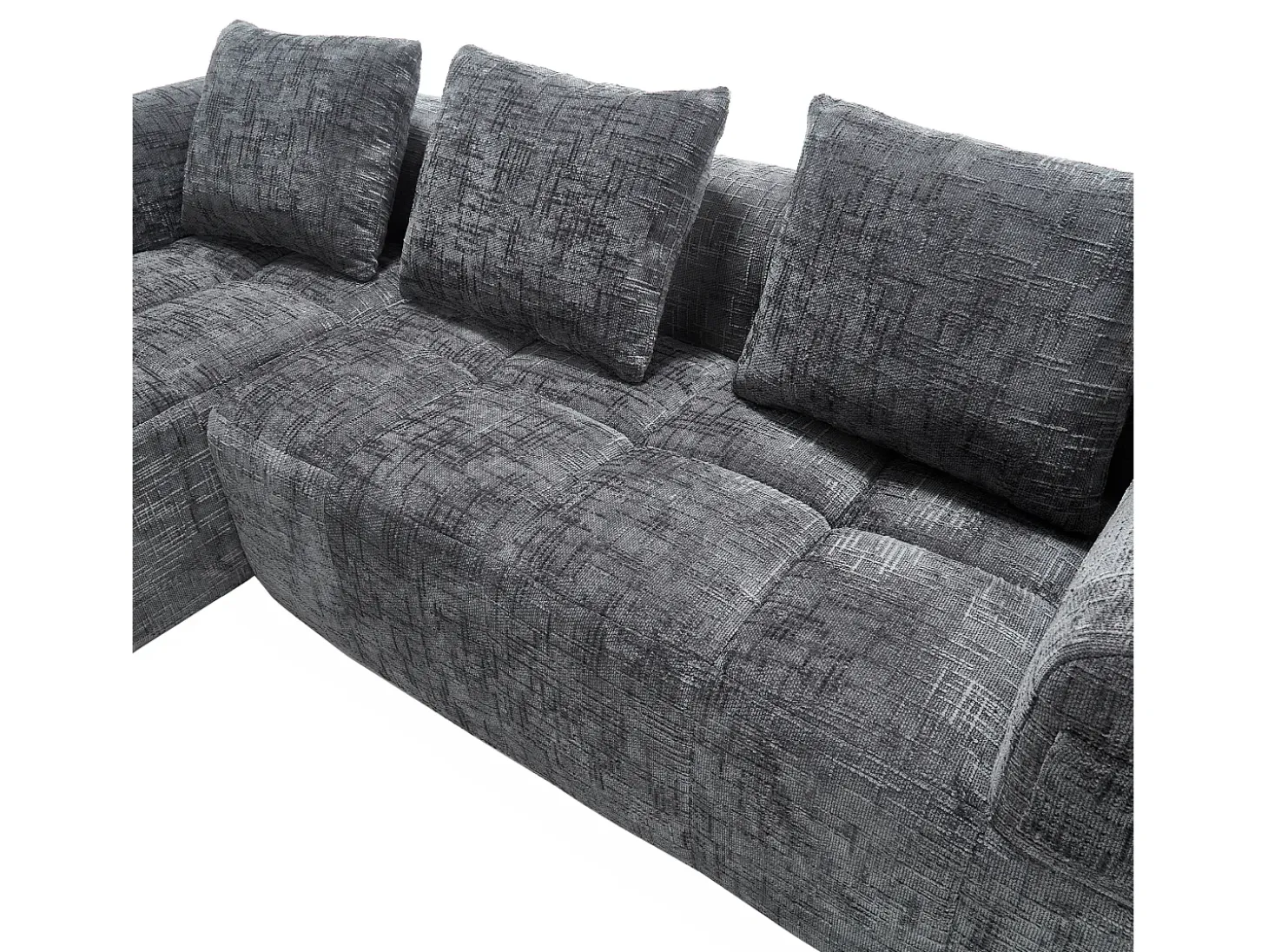 Sofá de canto em L de 3 lugares com 3 almofadas e bolso lateral - Chenille cinzento