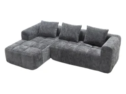 Sofá de canto em L de 3 lugares com 3 almofadas e bolso lateral - Chenille cinzento