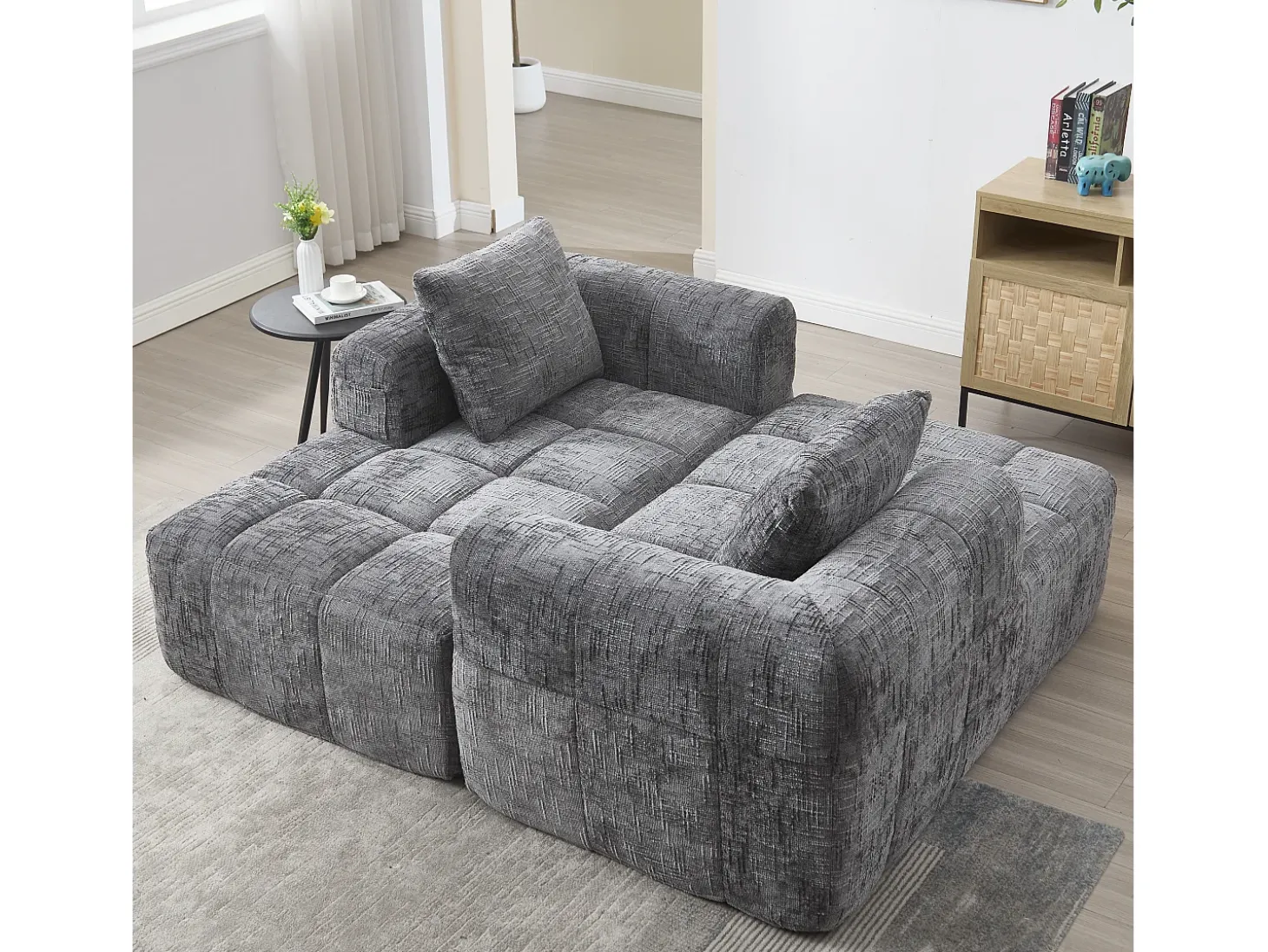 Sofá de canto em L de 3 lugares com 3 almofadas e bolso lateral - Chenille cinzento
