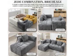 Sofá de canto em L de 3 lugares com 3 almofadas e bolso lateral - Chenille cinzento