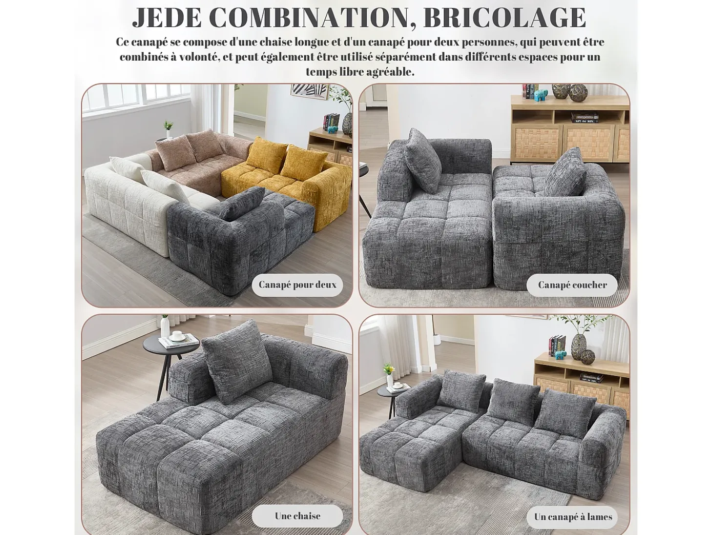Sofá de canto em L de 3 lugares com 3 almofadas e bolso lateral - Chenille cinzento