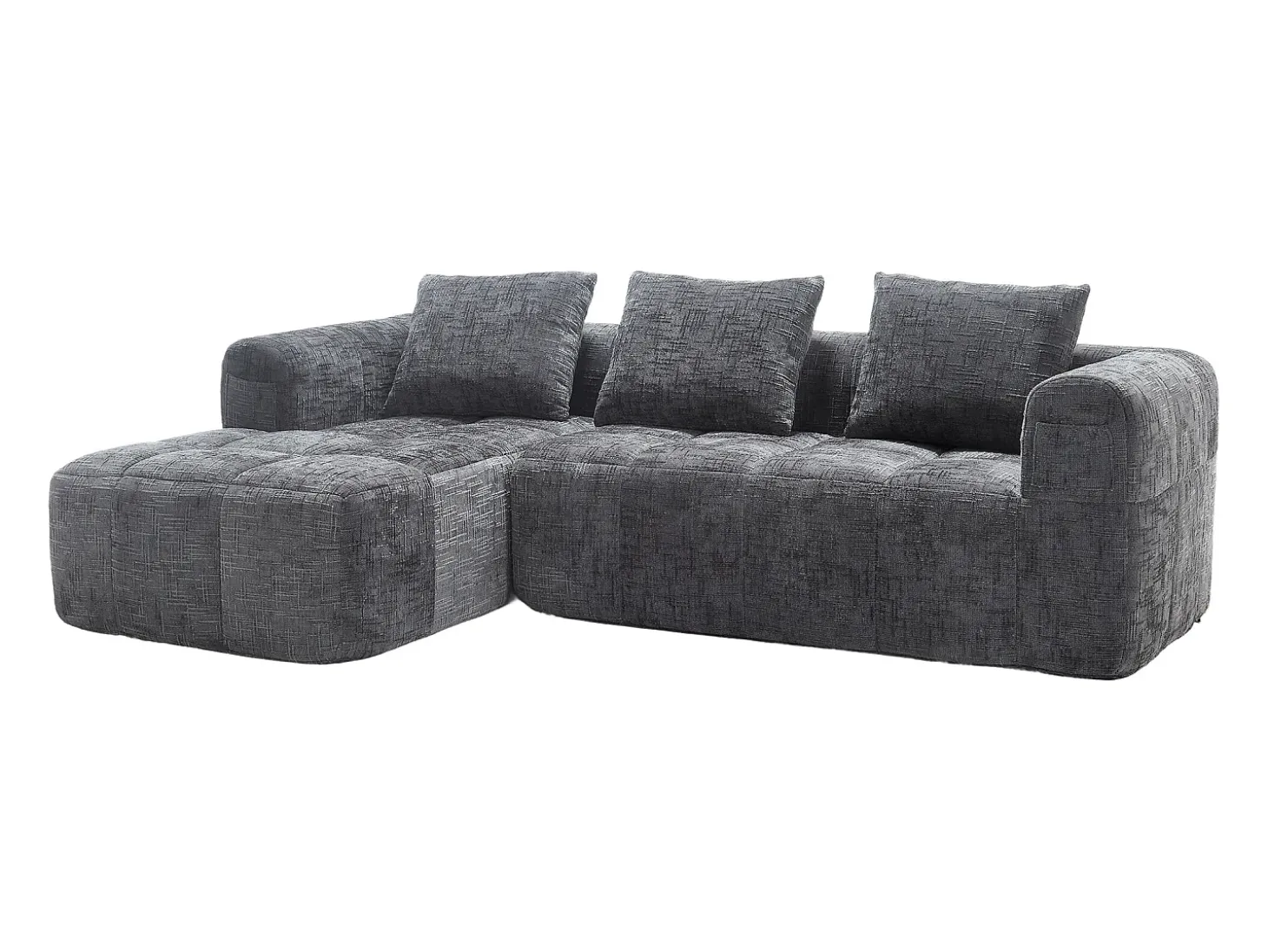 Sofá de canto em L de 3 lugares com 3 almofadas e bolso lateral - Chenille cinzento