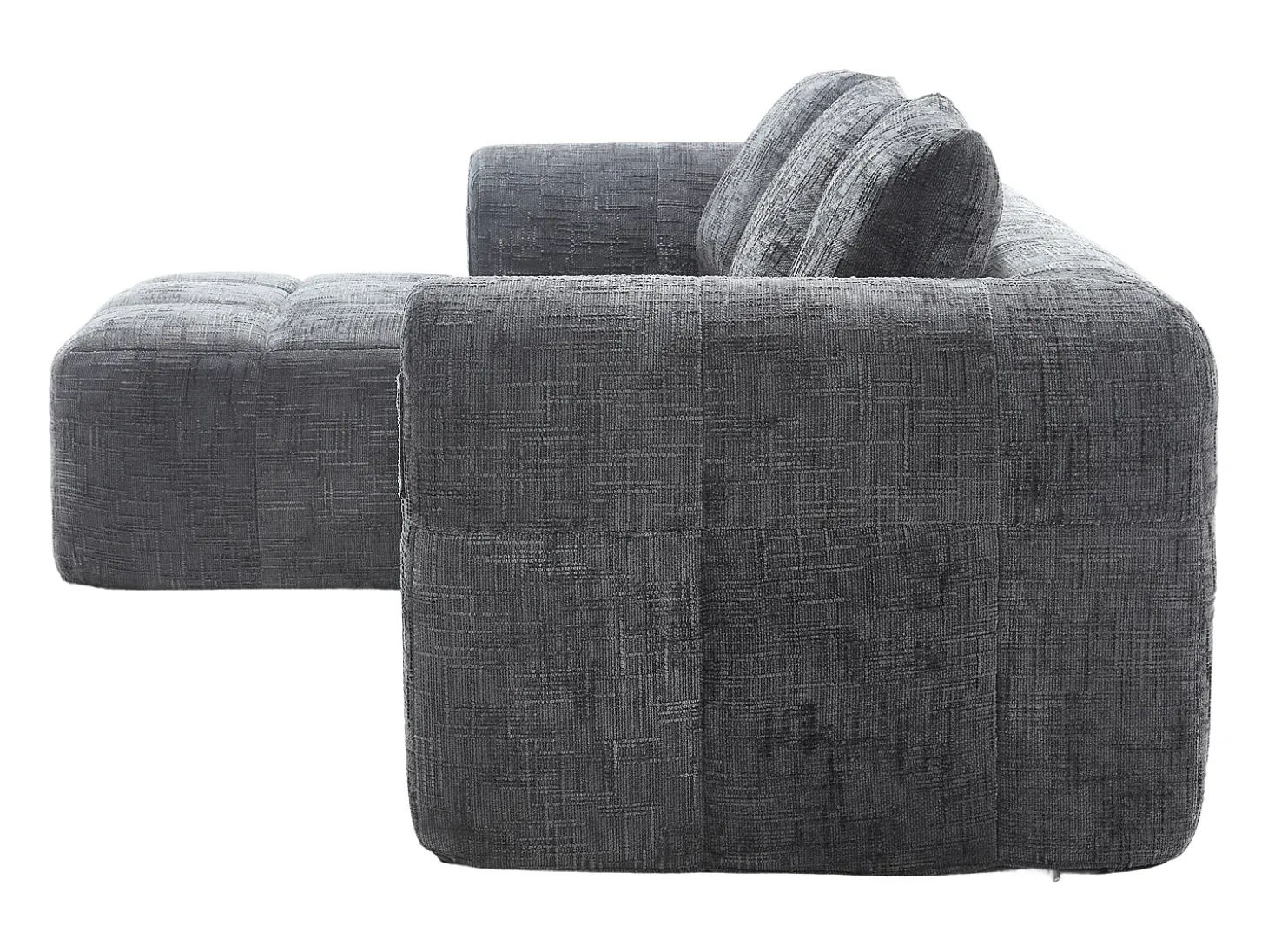 Sofá de canto em L de 3 lugares com 3 almofadas e bolso lateral - Chenille cinzento