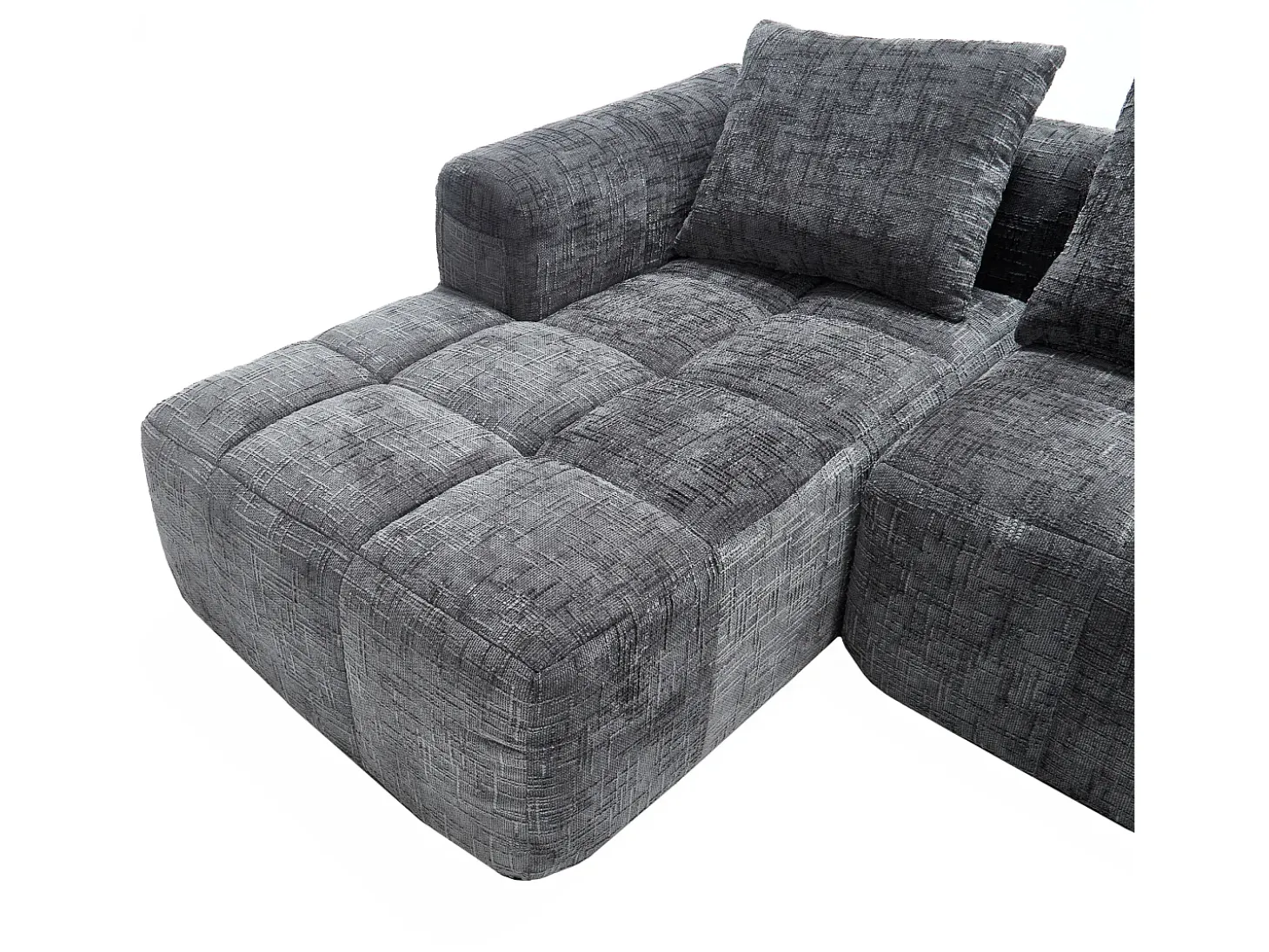 Sofá de canto em L de 3 lugares com 3 almofadas e bolso lateral - Chenille cinzento