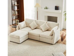 Sofá de canto em L de 4 lugares - 216 x 161 x 81 cm - com apoio para os pés - chenille - bege